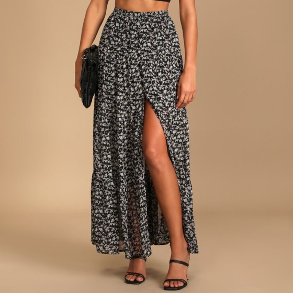 Lulus Subtle Sweetness Black Floral Print Tiered Maxi Skirt - Size XL